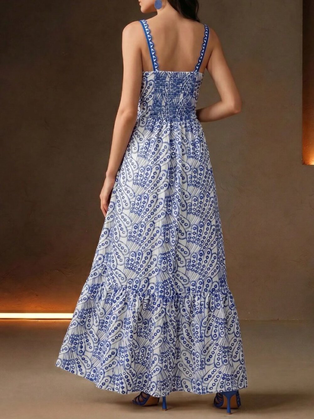 Blue Boho Women's Elegant Floral Embroidered Hollow-Out Ruffle Hem A-Line Dress - Picture 7 of 7